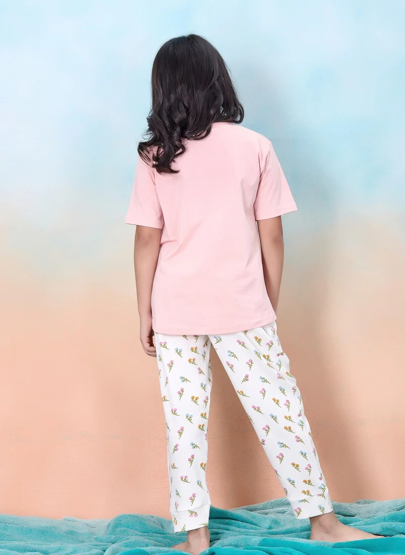 Artemea  Flower printed Girls Premium Peach Boxy T shirt and Floral Printed  Pajama  set (2pc set -Top & Bottom) for Women | Best Price UAE